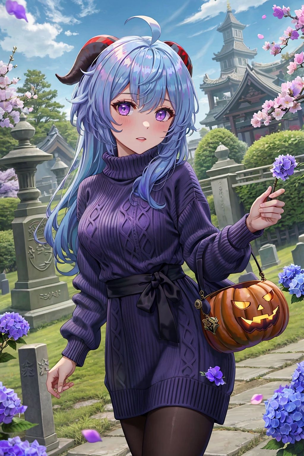  Halloween, jack-o'-lantern, bat, bat, Tombstone, Best quality, 8k,flower, petals, ganyu \(genshin impact\), purple flower, pink flower, horns, goat horns, building, 1girl, ahoge, cherry blossoms, skyscraper, falling petals, ribbed sweater, long sleeves, looking at viewer, hydrangea, breasts, purple eyes, sweater, purple rose, medium breasts, blue flower, white flower, bell, cowbell, long hair, outdoors, day, blue hair, town, sheep, rose petals, pink rose, very long hair