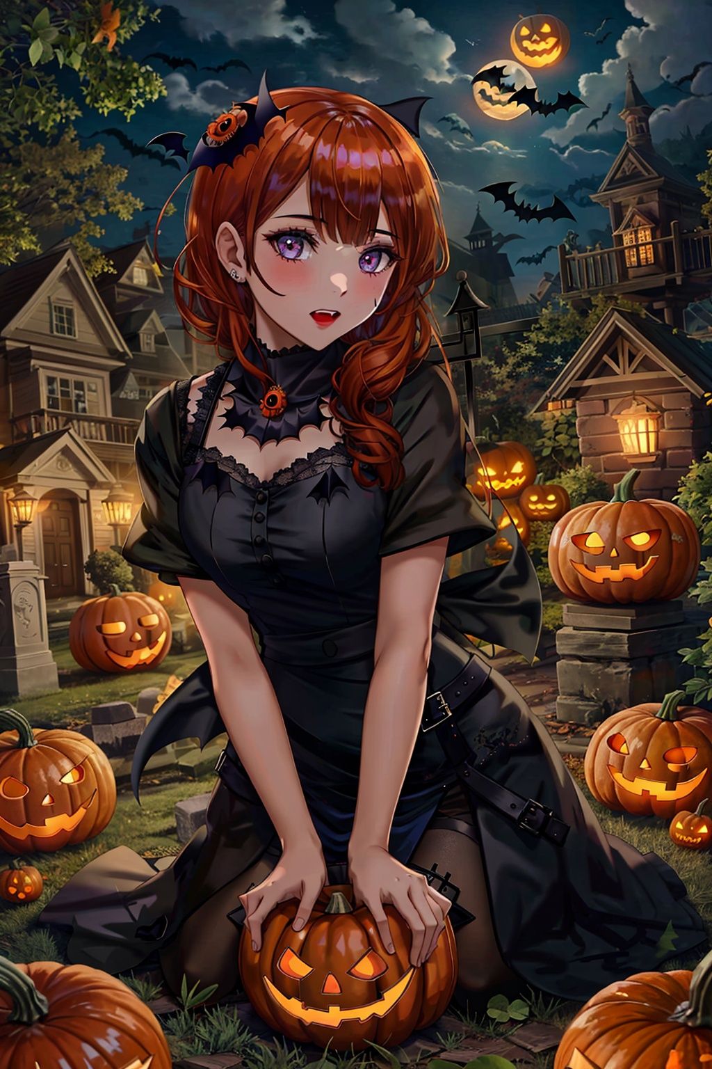  1girl, Halloween, jack-o'-lantern, bat, bat, Tombstone, Best quality, 8k