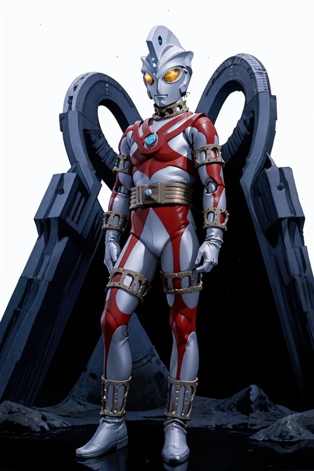 (masterpiece:1.3), (the best quality:1.2), (super fine illustrations:1.2), (Masterpiece), high quality, high detail,((white background:1.2)), looking at viewer, (SOLO:1.4),outline,,simple background,mecha, joints, robot joints, jewelry, bracelet, armor,belt,white bodysuit,white gloves,legwear,gloves,boots,logo,cover,mask,plugsuit,gem,bodysuit,red pattern on body,white tight-fitting,white footwear,helmet,leather suit,ultraman,latex