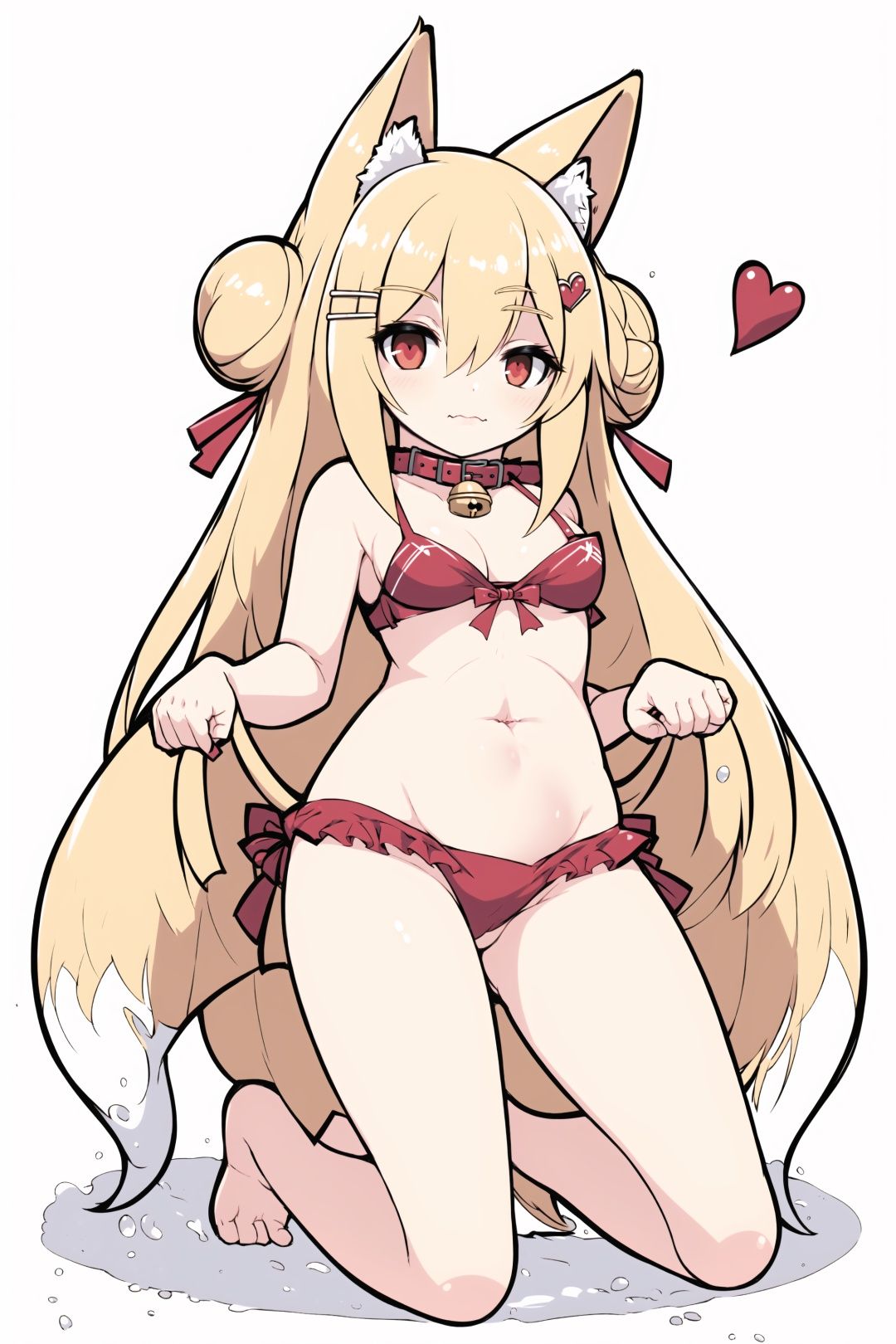 1girl,, 1girl, solo, swimsuit, bell, animal ears, blonde hair, bikini, neck bell, red eyes, hair ornament, navel, jingle bell, hair between eyes, fox ears, bangs, collar, kemomimi-chan \(naga u\), towel, green bikini, groin, blush, white background, animal ear fluff, sidelocks, looking at viewer, frills, kneeling, hair bun, closed mouth, single hair bun, frilled bikini, bare shoulders, ass visible through thighs, heart, barefoot, brown collar, long hair, simple background, red collar, collarbone, full body, hairclip