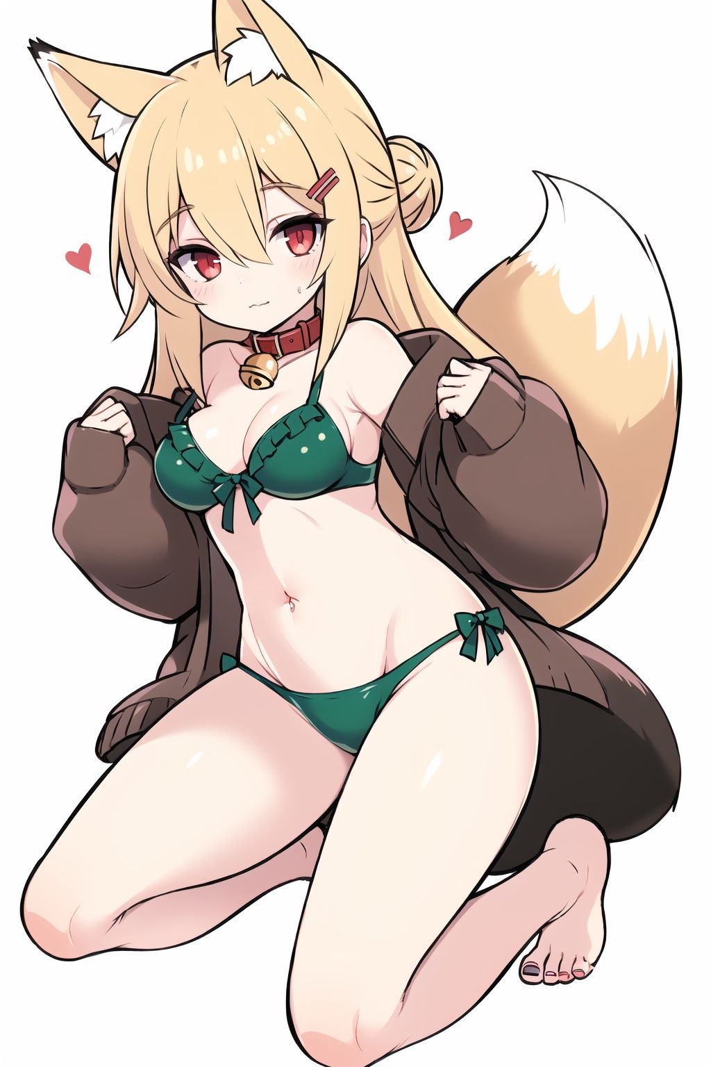 1girl, solo, swimsuit, bell, animal ears, blonde hair, bikini, neck bell, red eyes, hair ornament, navel, jingle bell, hair between eyes, fox ears, bangs, collar,
jacket,  green bikini, groin, blush, white background, animal ear fluff, sidelocks, looking at viewer, frills, kneeling, hair bun, closed mouth, single hair bun, frilled bikini, bare shoulders, ass visible through thighs, heart, barefoot, brown collar, long hair, simple background, red collar, collarbone, full body, hairclip,
sleeves over wrists,long sleeves, （sleeves past fingers：1.2）,hidden hands,dynamic angle, big top sleeves,