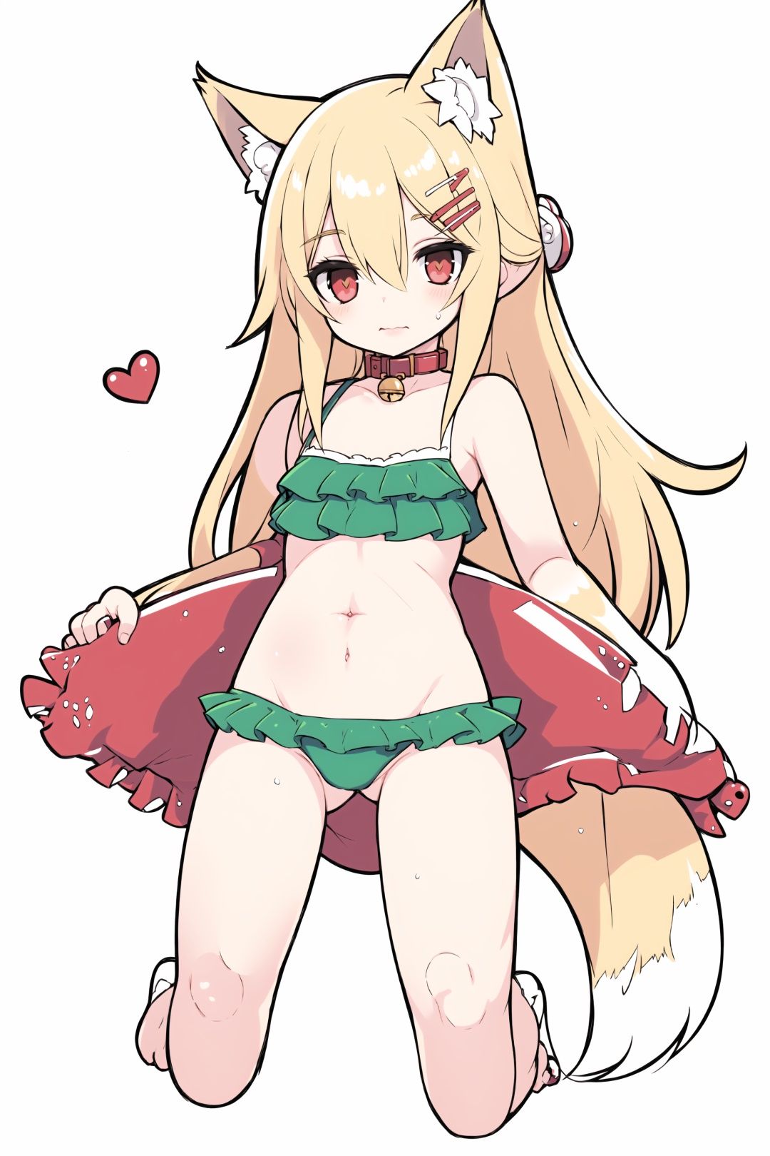 1girl,, 1girl, solo, swimsuit, bell, animal ears, blonde hair, bikini, neck bell, red eyes, hair ornament, navel, jingle bell, hair between eyes, fox ears, bangs, collar, kemomimi-chan \(naga u\), towel, green bikini, groin, blush, white background, animal ear fluff, sidelocks, looking at viewer, frills, kneeling, hair bun, closed mouth, single hair bun, frilled bikini, bare shoulders, ass visible through thighs, heart, barefoot, brown collar, long hair, simple background, red collar, collarbone, full body, hairclip