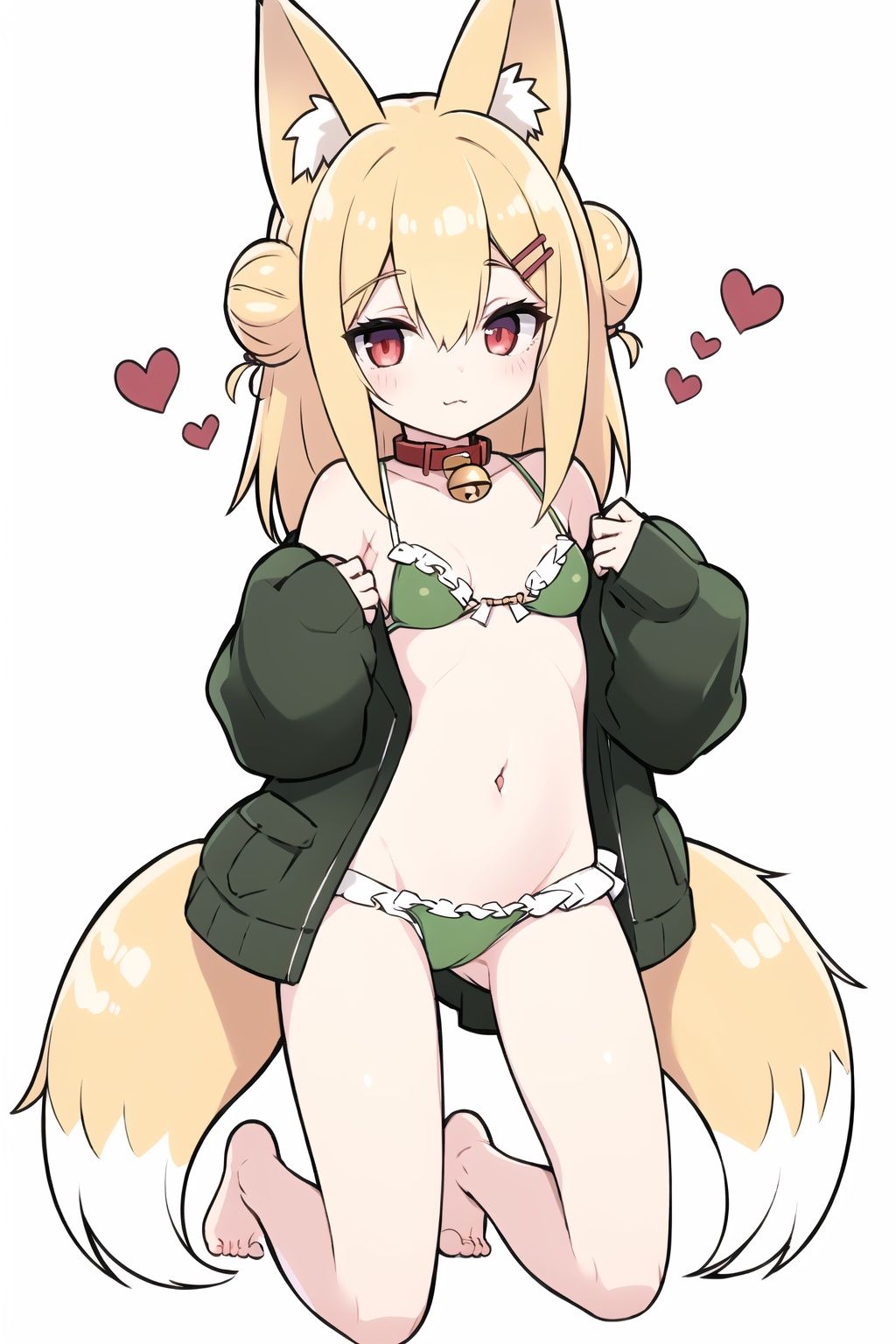 1girl, solo, swimsuit, bell, animal ears, blonde hair, bikini, neck bell, red eyes, hair ornament, navel, jingle bell, hair between eyes, fox ears, bangs, collar,
jacket,  green bikini, groin, blush, white background, animal ear fluff, sidelocks, looking at viewer, frills, kneeling, hair bun, closed mouth, single hair bun, frilled bikini, bare shoulders, ass visible through thighs, heart, barefoot, brown collar, long hair, simple background, red collar, collarbone, full body, hairclip,
sleeves over wrists,long sleeves, （sleeves past fingers：1.2）,hidden hands,dynamic angle, big top sleeves,
