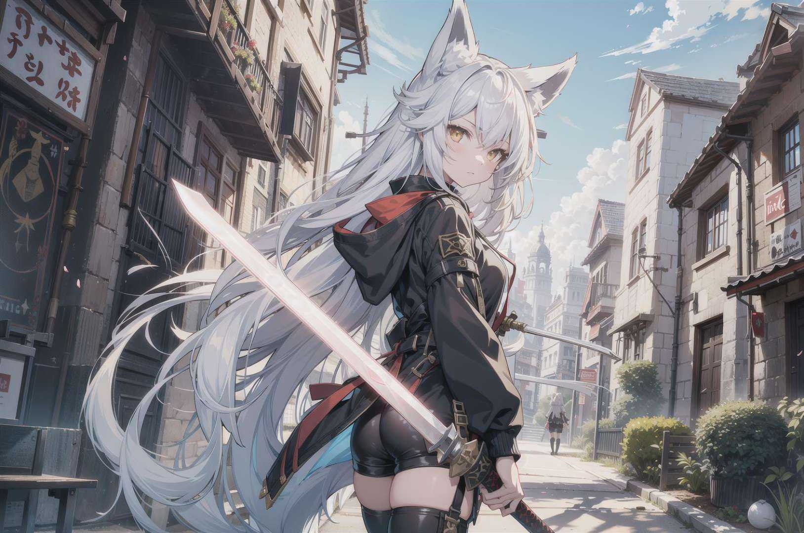 a girl with flowing black and white hair has a sword in her hand,  1girl,  animal ears on Tensor.Art