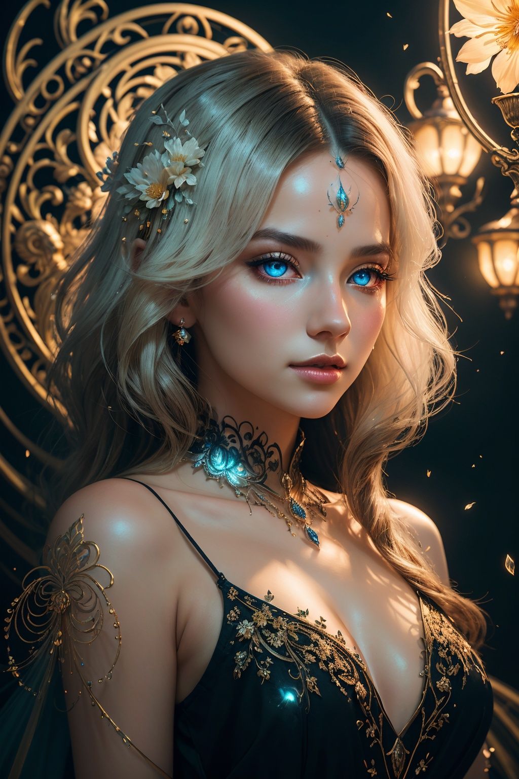 ((gorgeous princess)), one person, long flowing white hair, (bright and beautiful eyes), trending on Art Station, Flower of Hope by Jean-Honor Fragonard, Peter mohrbacher, super detailed, crazy details, Stunning, intricate, elite, art nouveau, ornate, liquid wax, elegant, luxurious, Greg Rutkowski, ink style, sticker, vector art beautiful character design, double exposure shot, luminous design , winning entry, masterpiece, amoled black background,
