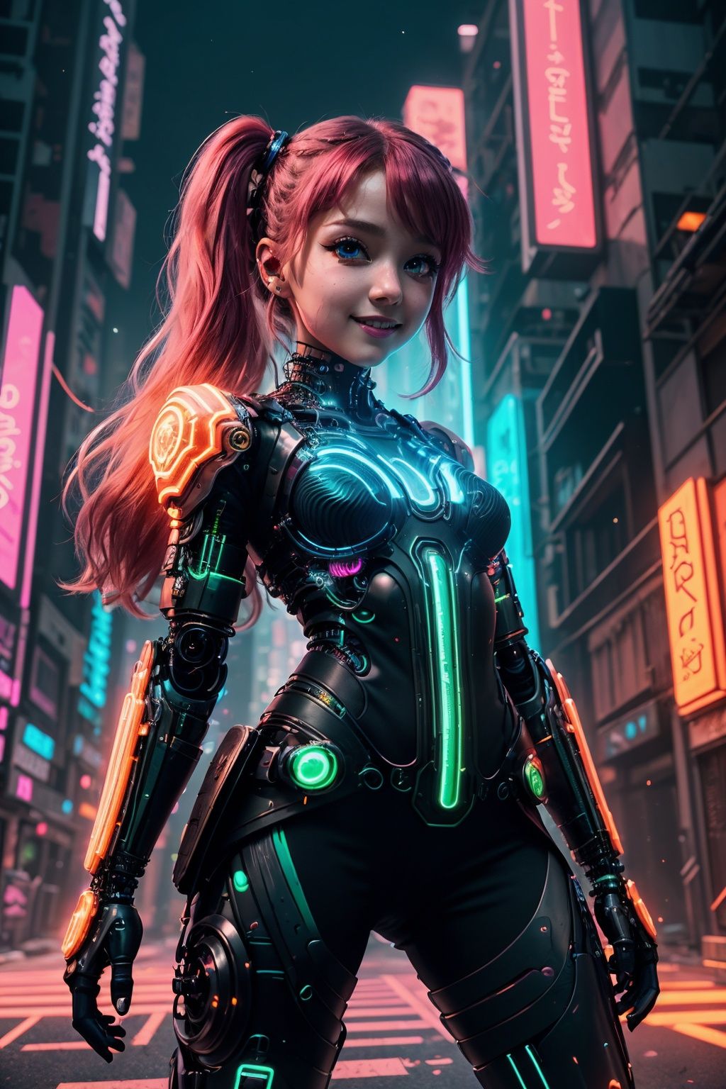 (Vivid neon night, detailed background), (petite cyborg girl, cute face, perky breasts), cute smile, Amidst the vibrant neon night of a futuristic cyberpunk city, the scene bursts with intricate details. A petite and cute cyborg girl, her face perfect and her anatomy flawless, stands with bright, glowing red eyes. Her absurdly long gradient red and green hair flows in the wind as she dons a detailed ribbed impossible bodysuit, featuring shoulder armor and cybernetic limbs, all captured from a dynamic angle.
