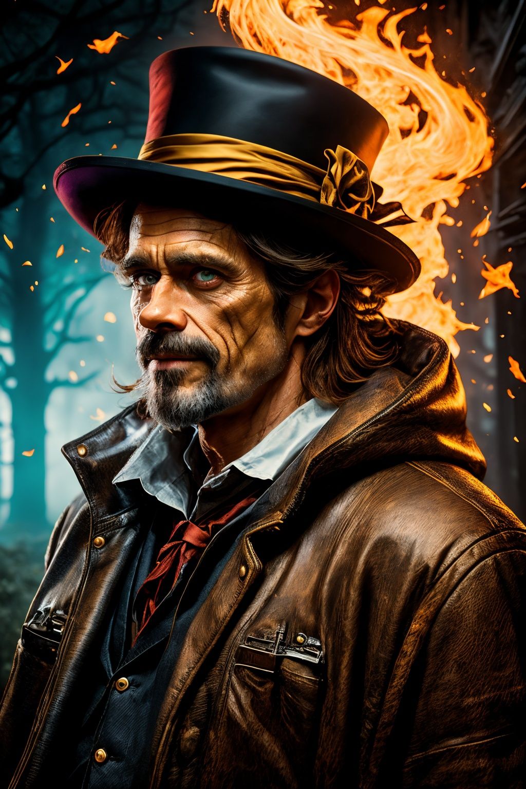 A close up of a man wearing a top hat, john picacio and brom, willem dafoe as scarecrow, best of behance, madhatter, josan gonzalez and tyler edlin, by Jack Davis, , character design, embers, bright bold colors, macro lens, dark fantasy, decopunk, cinematic, dslr, bokeh, american horror story, redneck