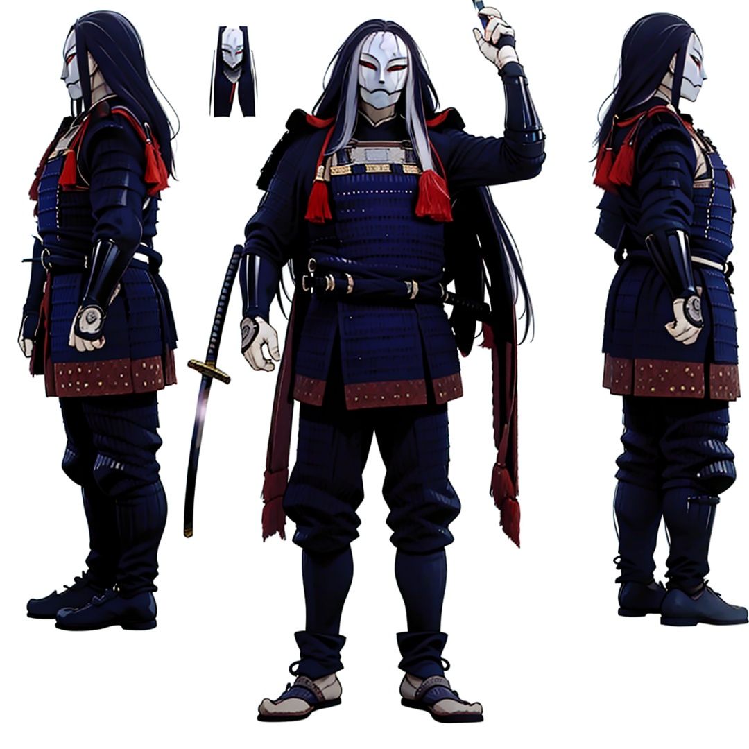  (masterpiece:1.3), (the best quality:1.2), (super fine illustrations:1.2), (Masterpiece), high quality, high detail,((white background:1.2)), looking at viewer, (SOLO:1.4),outline,,simple background,facial hair, sheath, katana, long hair,pauldrons,Japanese armor,horns,gloves,armor,spikes,weapon,full armor,mask,cover,gauntlets,shoulder armor,breastplate