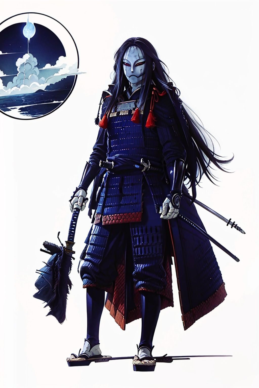 (masterpiece:1.3), (the best quality:1.2), (super fine illustrations:1.2), (Masterpiece), high quality, high detail,((white background:1.2)), looking at viewer, (SOLO:1.4),outline,,simple background,facial hair, sheath, katana, long hair,pauldrons,Japanese armor,horns,gloves,armor,spikes,weapon,full armor,mask,cover,gauntlets,shoulder armor,breastplate