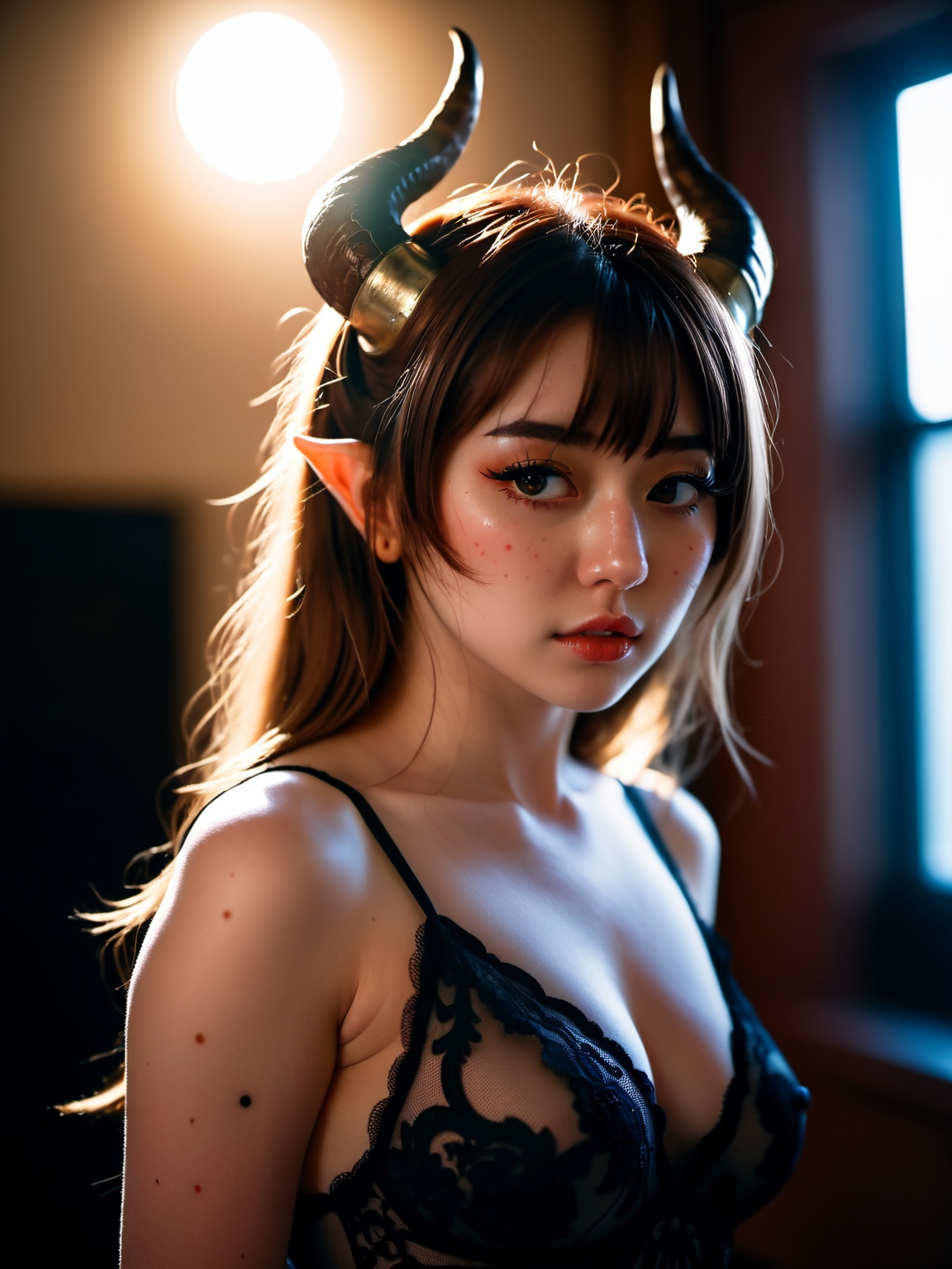 bokeh,  wide angle picture of a sexy and submissive 25yo sophisticated demon girl , on Tensor.Art