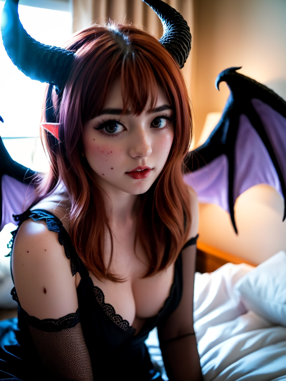 bokeh,  wide angle picture of a sexy and submissive 25yo sophisticated demon girl , on Tensor.Art