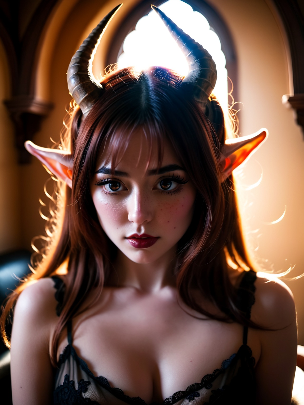 bokeh,  wide angle picture of a sexy and submissive 25yo sophisticated demon girl , on Tensor.Art