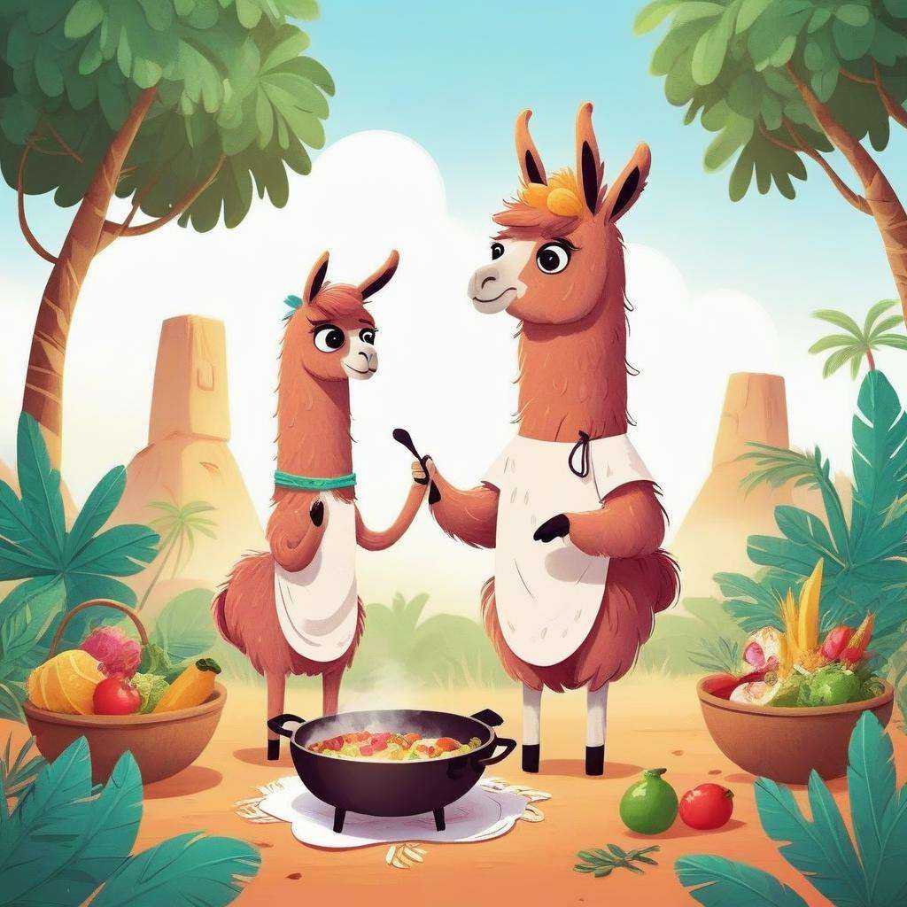 a cute Llama kid character Cooking in Tropical Savanna <lora:COOLKIDS_XL_0.3_RC:0.7>