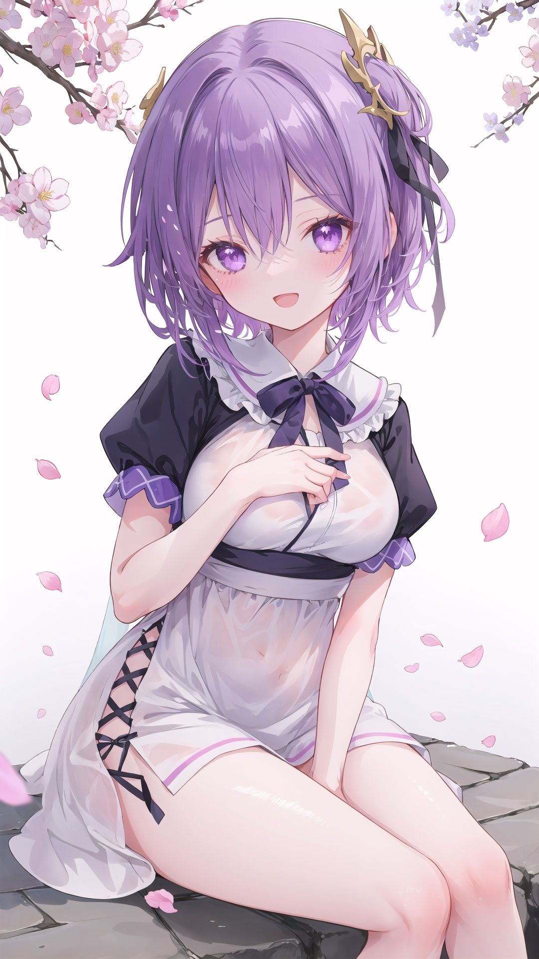 1girl, 間桐桜,Matou Sakura,まとう さくら,matou sakura, solo, purple hair, purple eyes, dress, long hair, looking at viewer, smile, short sleeves, open mouth, bangs, hair ribbon, ribbon, sitting, simple background, white dress, shiny hair, puffy short sleeves, shiny, petals, puffy sleeves, official alternate costume, red ribbon, breasts, white background, hand on own arm, :d, fingernails, medium breasts