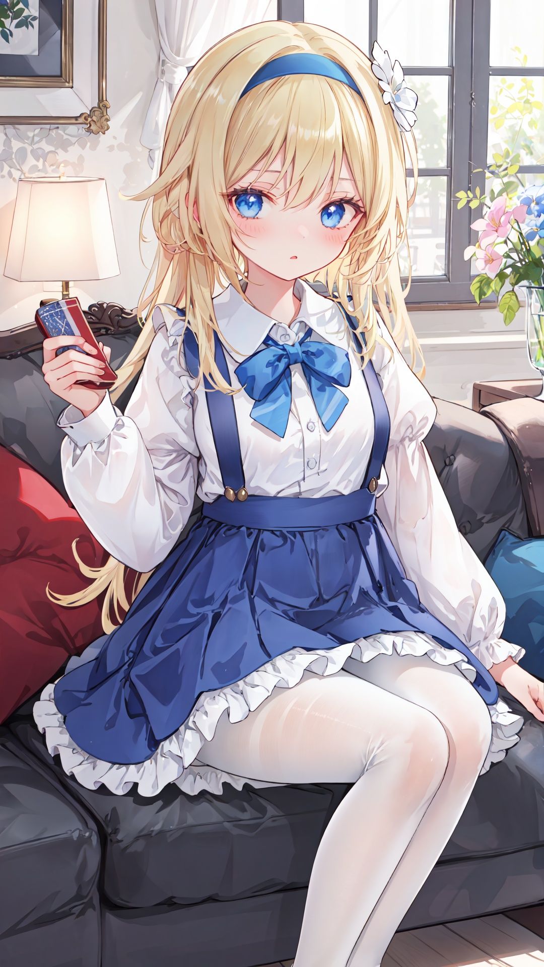 alice margatroid,1girl,solo,long hair,blonde hair,white pantyhose,sitting,hairband,looking at viewer,pantyhose,red hairband,indoors,dress,shirt,frills,long sleeves,bangs,book,white shirt,blush,flower,very long hair,lamp,bow,blue eyes,feet out of frame,blue dress,ribbon,blue bow,holding,chair,skirt,bowtie,blue skirt,neck ribbon,puffy sleeves,closed mouth,picture frame,painting (object),couch,collared shirt,cup,frilled dress,picture (object),pinafore dress,