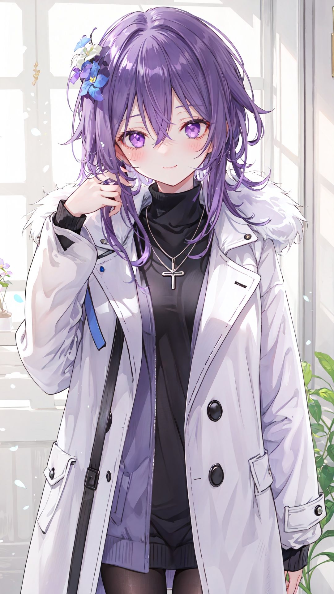 1girl, solo, smile, hair ornament, coat, looking at viewer, hair flower, upper body, flower, purple hair, shiny hair, sweater, white coat, long sleeves, shiny, jewelry, closed mouth, bangs, long hair, purple eyes, blush, necklace, hair between eyes, fur trim, turtleneck, black sweater, pink flower, open coat