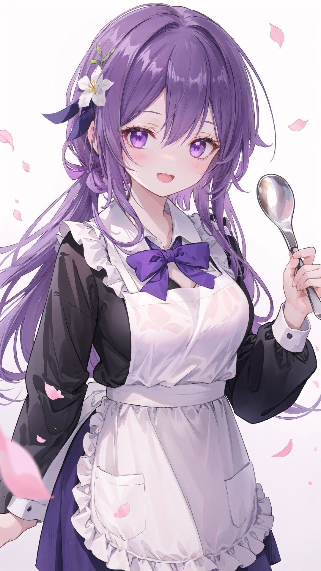 1girl, matou sakura, solo, long hair, purple hair, purple eyes, smile, open mouth, looking at viewer, ladle, blush, apron, bangs, simple background, long sleeves, holding, shiny hair, upper body, school uniform, shiny, ribbon, page number, pink apron, hair ribbon, petals, breasts, :d, medium breasts, homurahara academy school uniform, fingernails