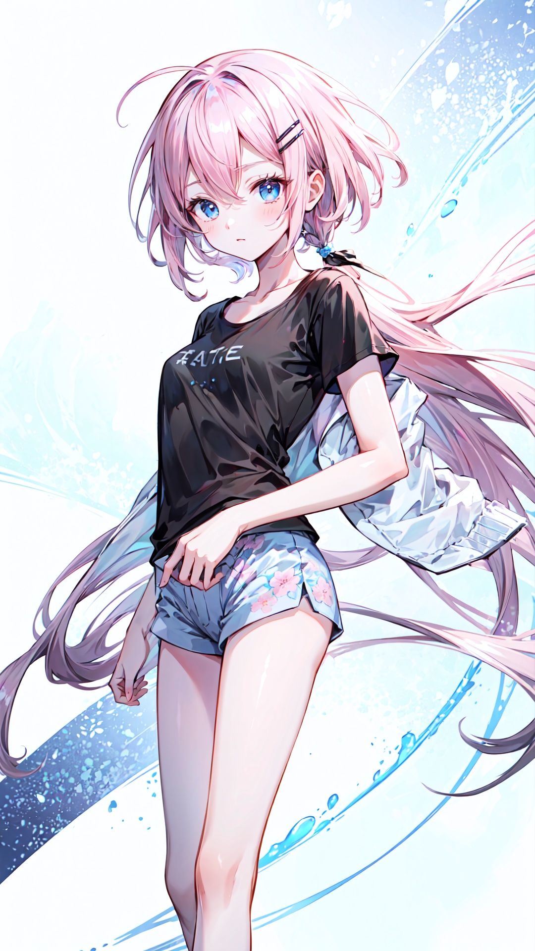  [(white background:1.4)::10],+++++masterpiece, loli, petite, medium breast, (panorama:1.2), caustics, best quality, beautiful detailed eyes, (pink hair), wavy hair, disheveled hair, messy hair, long bangs, hairs between eyes, extremely detailed, floating hair, (black short shorts), solo, best quality, masterpiece, highres, original, extremely detailed wallpaper, {an extremely delicate and beautiful}++++loose clothes, (black t-shirt:1.4), (white open jacket:1.2), ++, hairclip+/*/*/*++(floral print:1.2)+/*/*/*+++blue eyes, {beautiful eyes}, solo