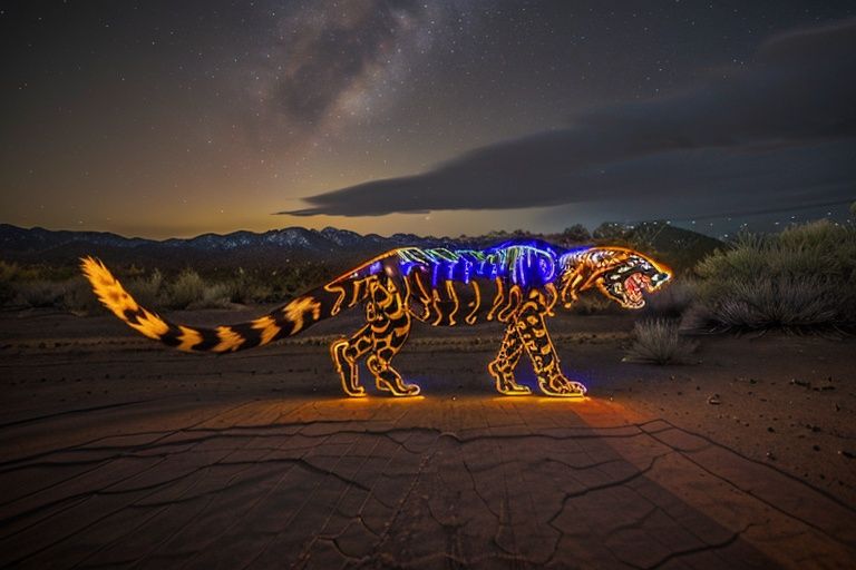 light_painting, neon lights, neon, lights, a cheetah is lit up with light in the desert