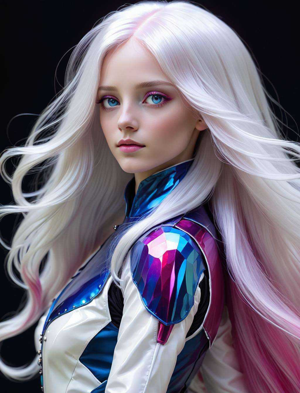 (Silhouette:1.3), solo, 1girl, long hair, white hair, iridescent, blue, magenta, pink, red, stylebuff