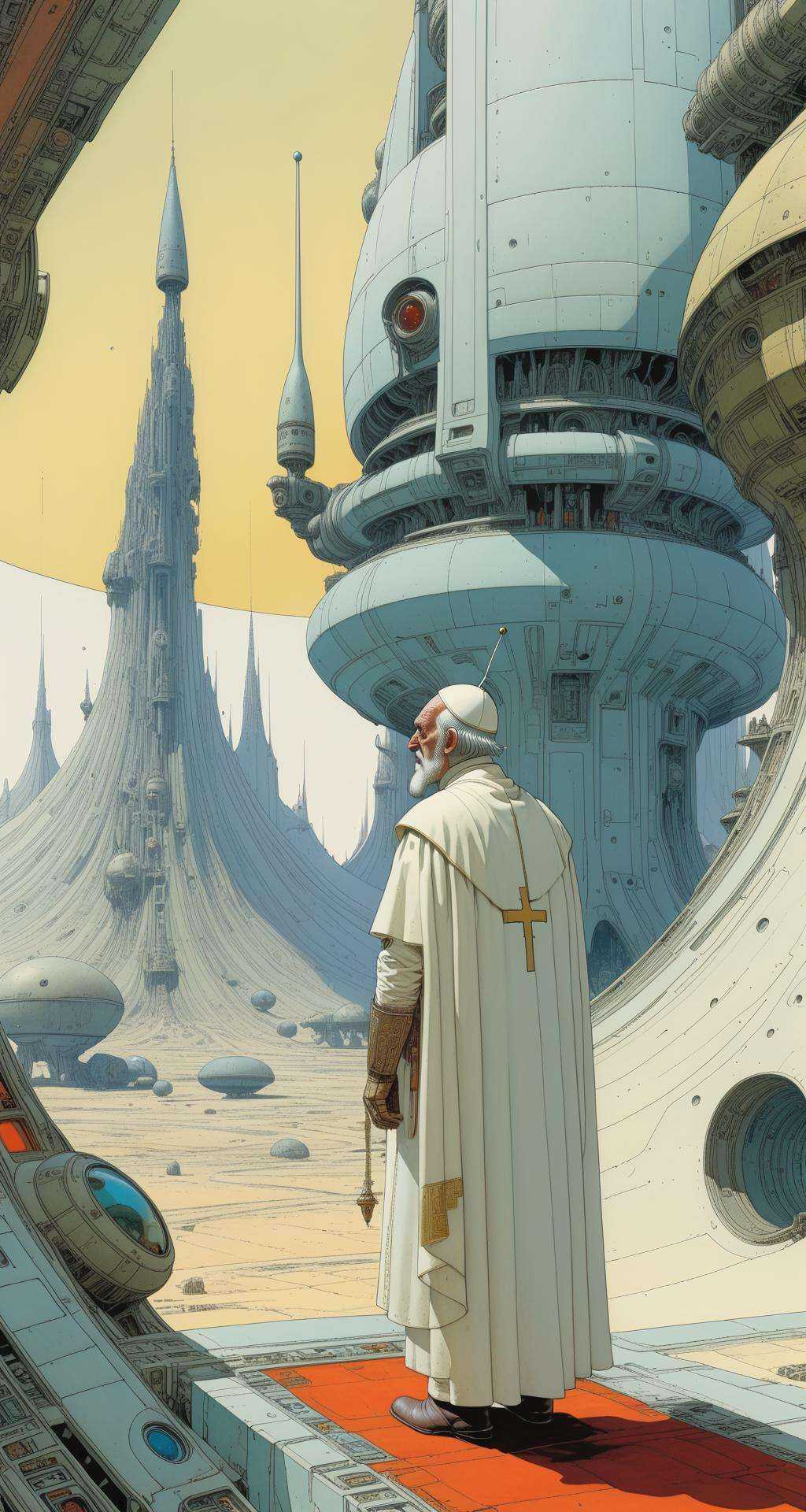 Moebius (Jean Giraud) Style page, techno pope, <lora:Moebius (Jean Giraud) Style:1>