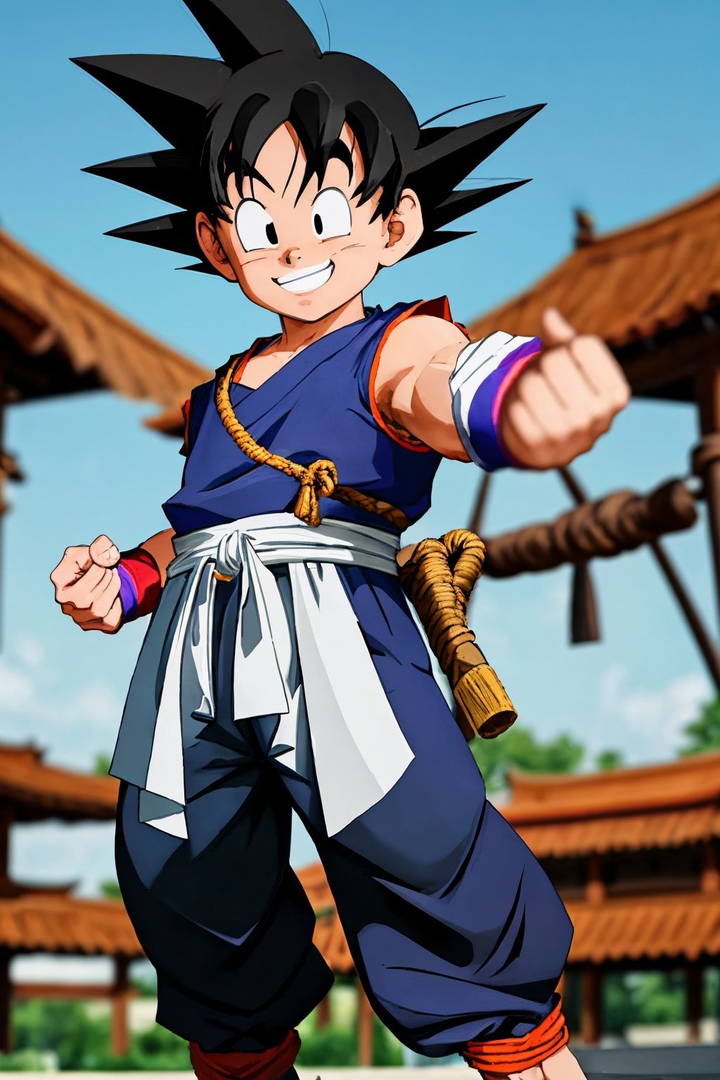 blurry, blurry background, blurry foreground, depth of field, son goku, black eyes, smile, solo, male focus, outdoors, photo \(medium\), motion blur, 1boy, dougi, bokeh, fingernails, 3d, tail, wristband, tree, day, outstretched arm, looking at viewer