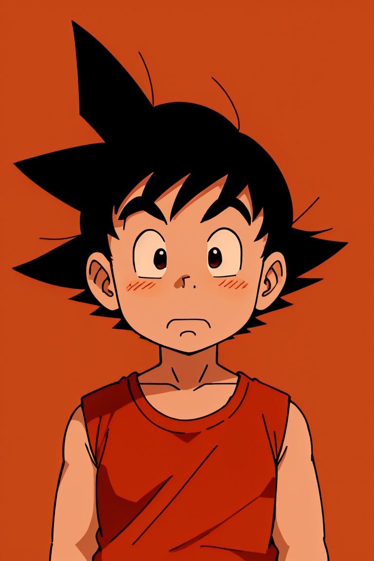 red background, black eyes, solo, orange background, red sky, simple background, open mouth, frown, d:, male focus