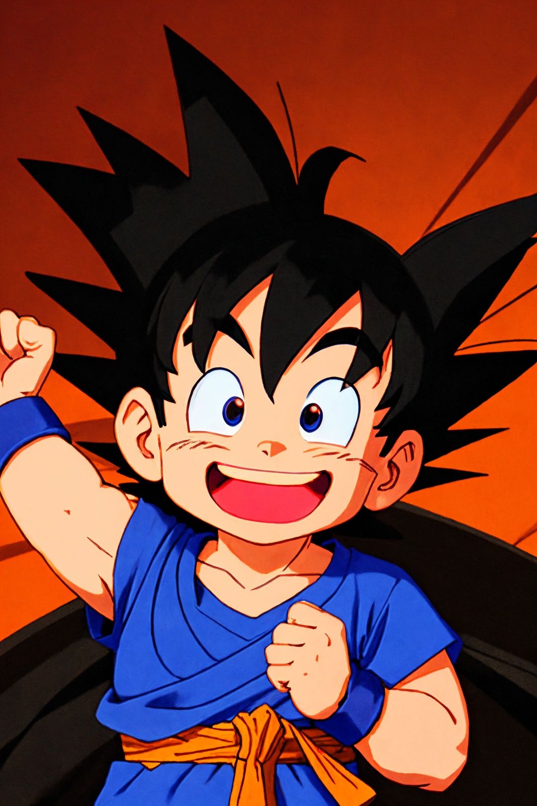  wristband, black eyes, son goku, smile, open mouth, happy, :d, clenched hands, shirt, solo, fingernails, male focus, upper body, arms at sides, dot nose
