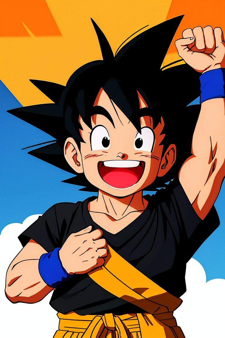  wristband, black eyes, son goku, smile, open mouth, happy, :d, clenched hands, shirt, solo, fingernails, male focus, upper body, arms at sides, dot nose