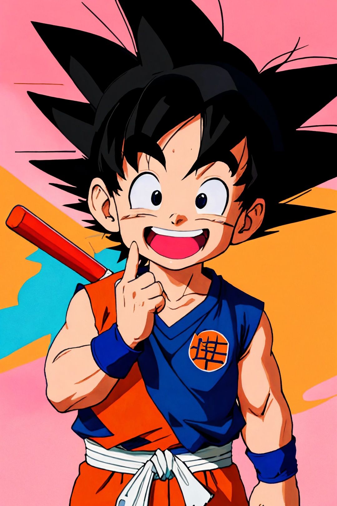 wristband, black eyes, son goku, smile, open mouth, happy, :d, clenched hands, shirt, solo, fingernails, male focus, upper body, arms at sides, dot nose
