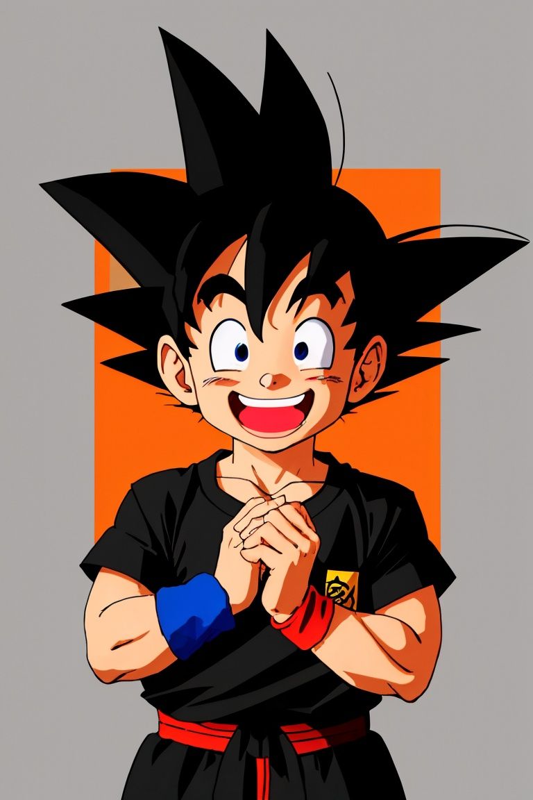  wristband, black eyes, son goku, smile, open mouth, happy, :d, clenched hands, shirt, solo, fingernails, male focus, upper body, arms at sides, dot nose
