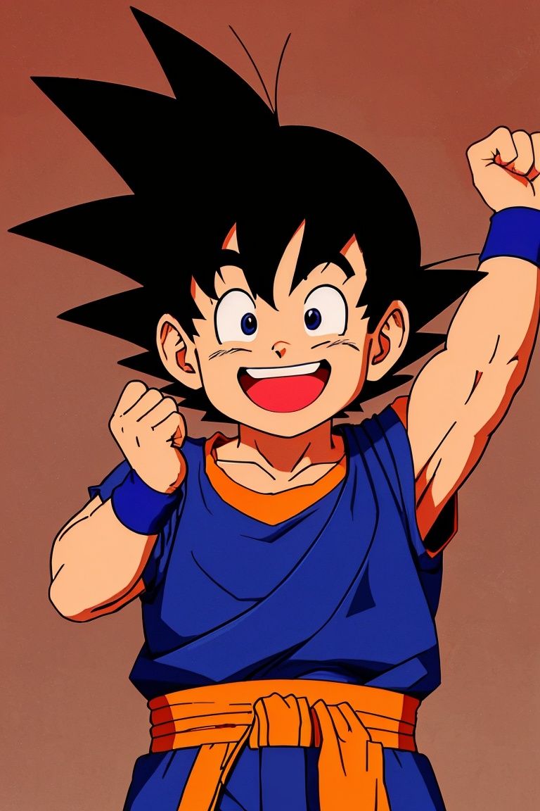  wristband, black eyes, son goku, smile, open mouth, happy, :d, clenched hands, shirt, solo, fingernails, male focus, upper body, arms at sides, dot nose