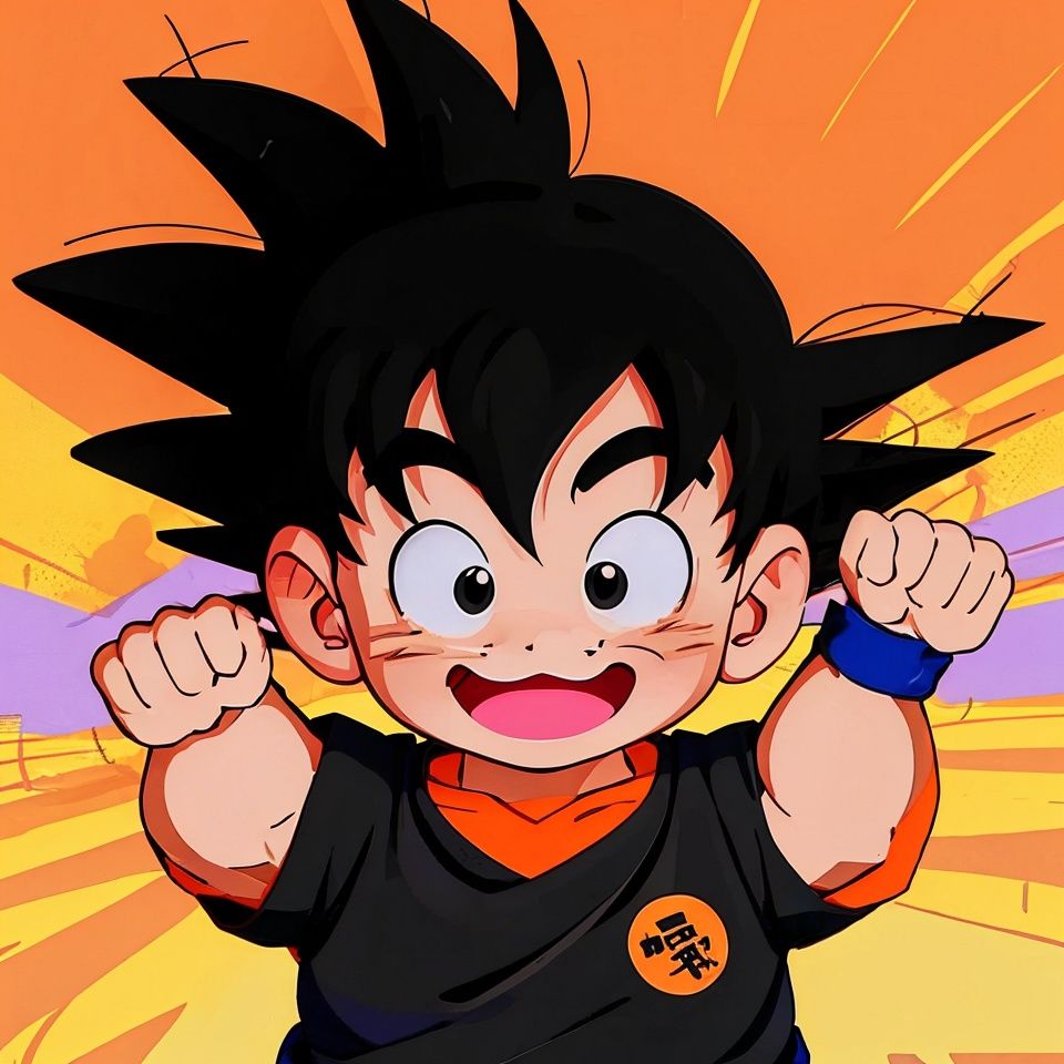  wristband, black eyes, son goku, smile, open mouth, happy, :d, clenched hands, shirt, solo, fingernails, male focus, upper body, arms at sides, dot nose