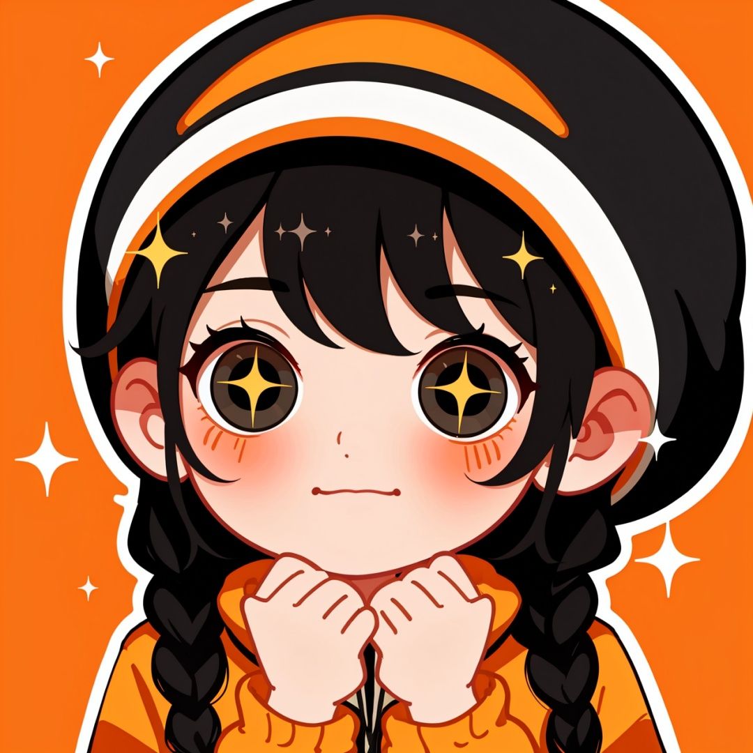 sparkle, black hair, hat, orange background, solo, chibi, braid, + +, 1girl, clenched hands, black eyes, sparkling eyes, black headwear