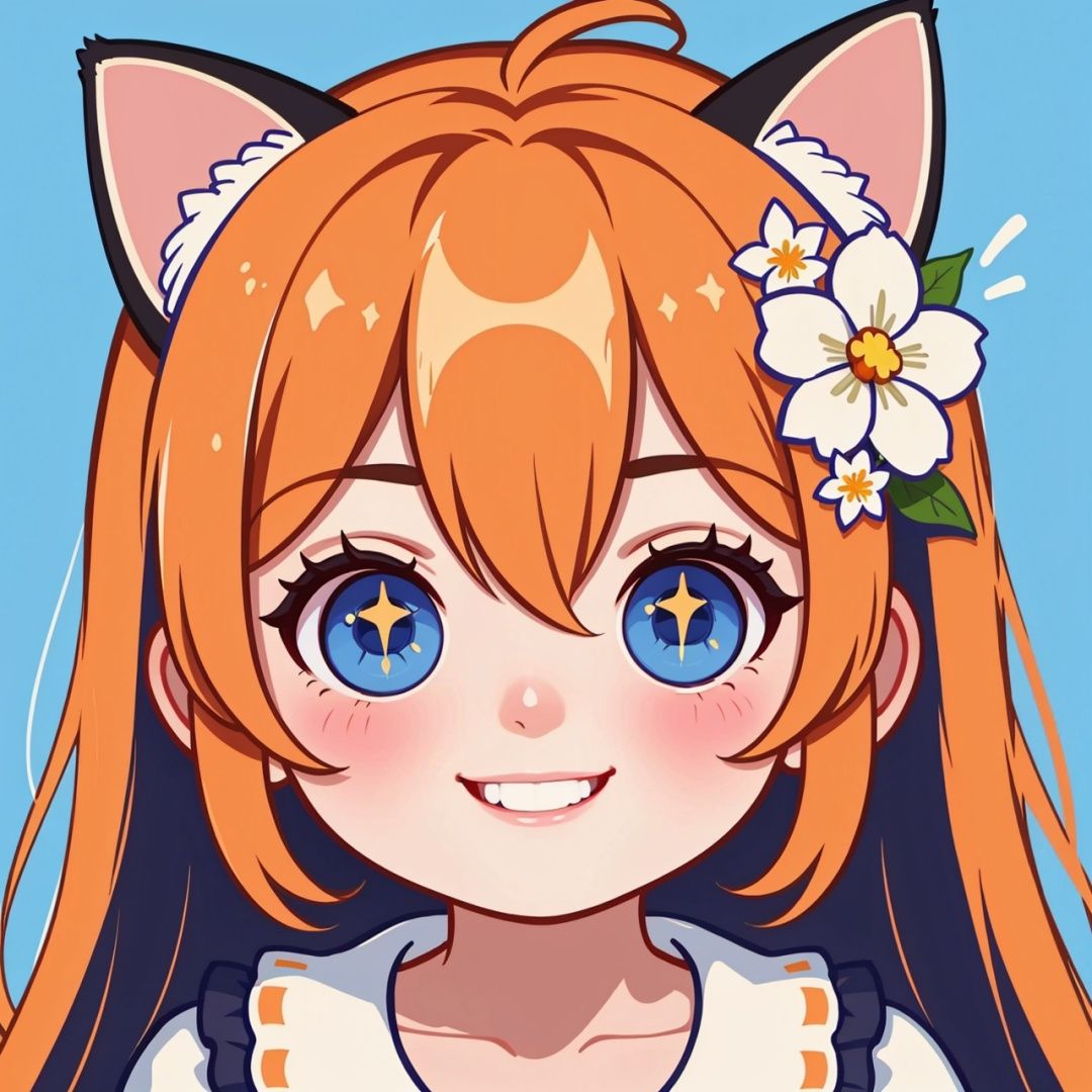  Orange hair, 1girl, flower, animal ears, hair ornament, smile, solo, hair between eyes, white flower, hair flower, cat ears, UHD, high details, best quality, 16k