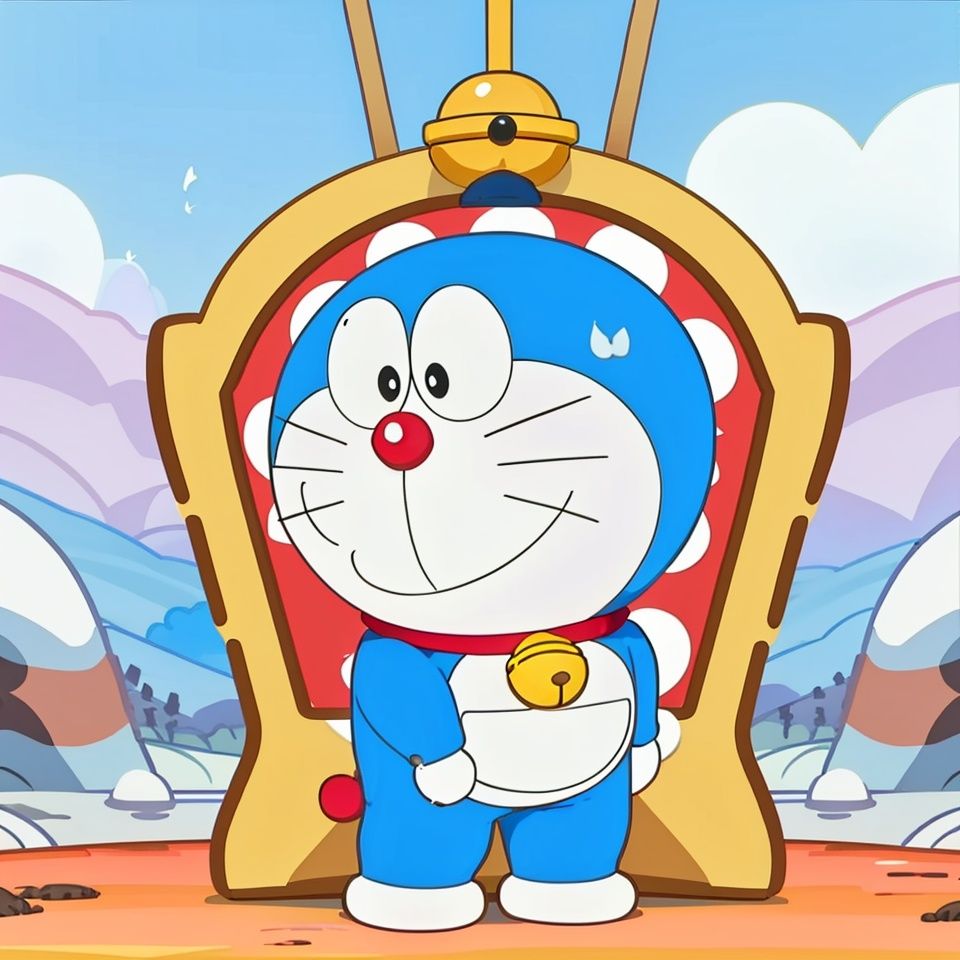  doraemon, blue,white pocket,neck bell, standing, collar, whiskers, male focus, full body, no humans, black eyes, jingle bell, masterpiece, best quality,