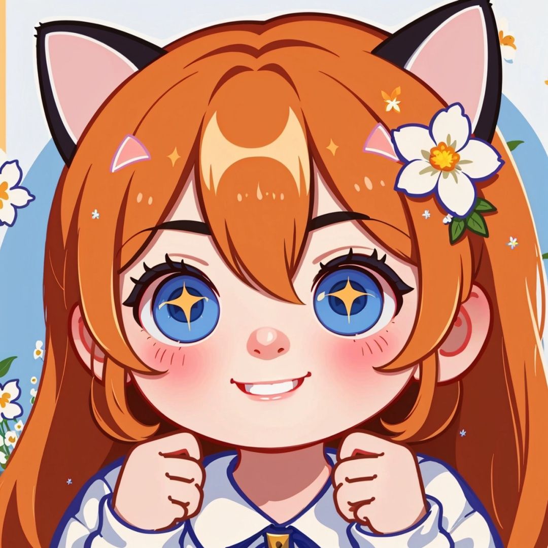 Orange hair, 1girl, flower, animal ears, hair ornament, smile, solo, hair between eyes, white flower, hair flower, cat ears, UHD, high details, best quality, 16k