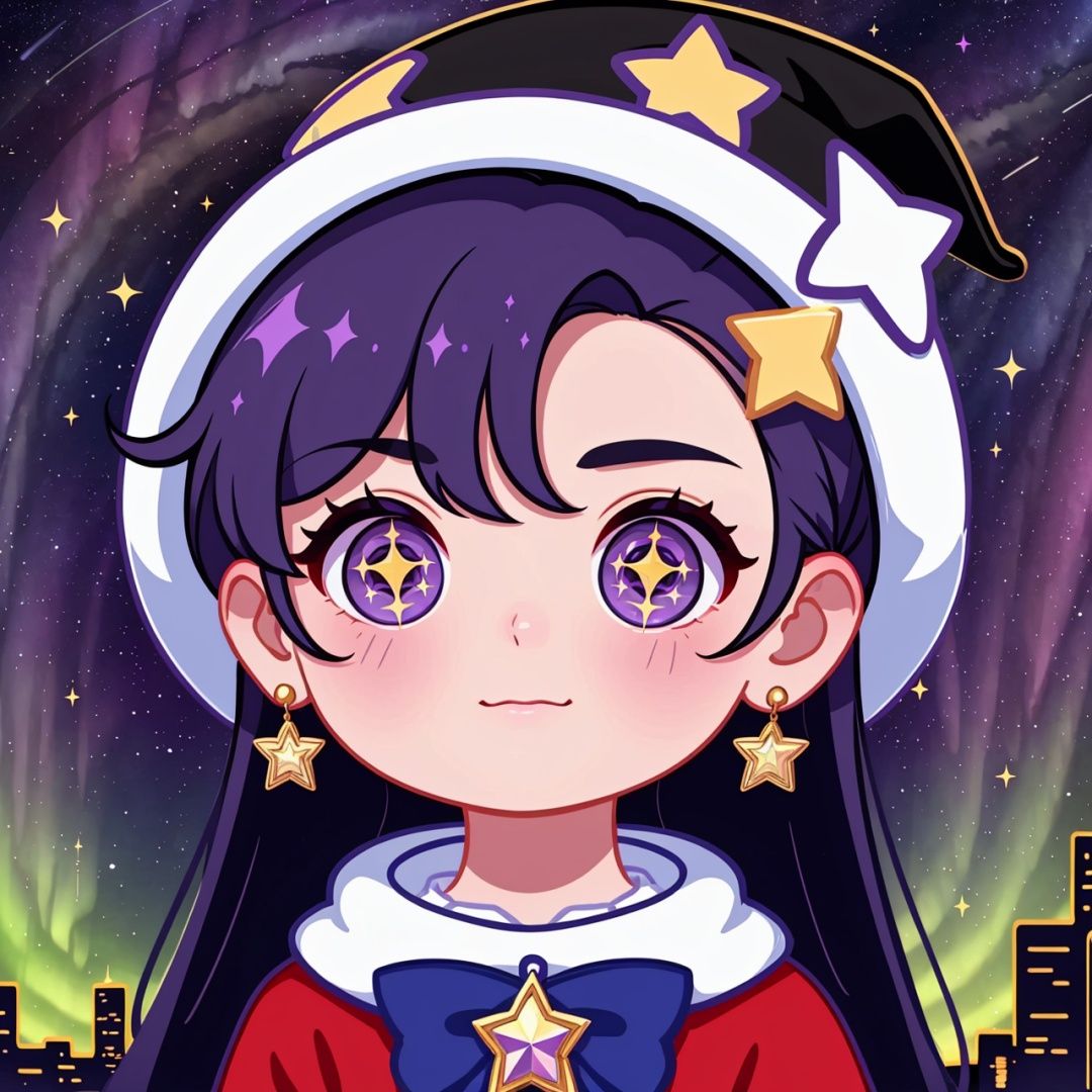 constellation, galaxy, night, night sky, shooting star, space, sparkle, star \(sky\), star \(symbol\), starry background, starry sky, starry sky print, aurora, crescent moon, sky, sparkle background, star earrings, saint quartz \(fate\), planet, star hair ornament, tanabata, milky way, 1girl, earrings, sparkling eyes, moon, tarot, diffraction spikes, fireworks, rainbow, jewelry, + +, sparkler, purple eyes, city lights, earth \(planet\), crescent, long hair, solo, rocket, chibi, star hat ornament, star print, star in eye, tanzaku, purple hair, witch hat, astronaut