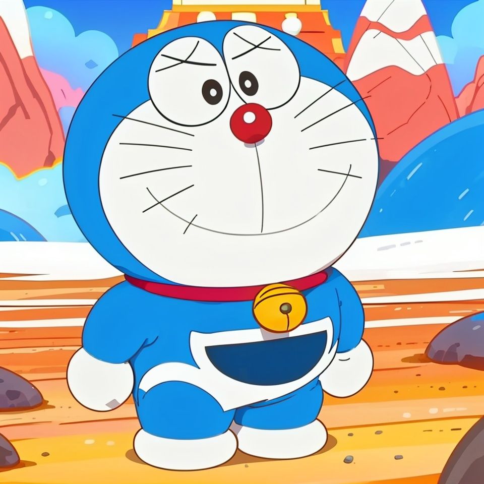  doraemon, blue,white pocket,neck bell, standing, collar, whiskers, male focus, full body, no humans, black eyes, jingle bell, masterpiece, best quality, 