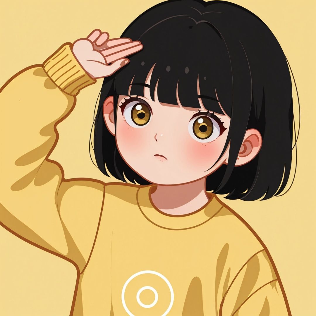 1girl, solo, black hair, bangs, long sleeves, yellow shirt, circle, blunt bangs