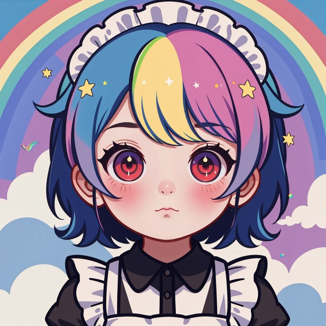  1girl, solo, maid headdress, plaid, cloud, (Rainbow hair: 1.2) Red eyes
