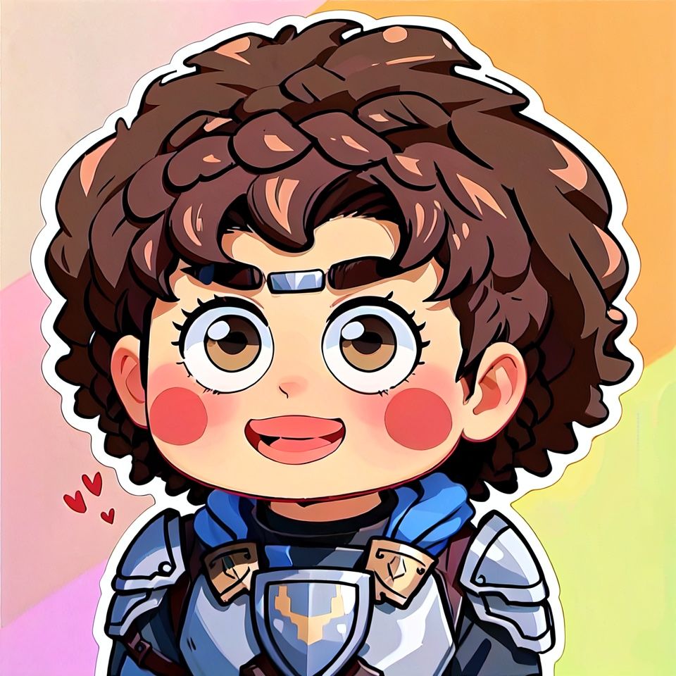 afro, 1boy, solo, male focus, brown hair, smile, open mouth, blush stickers, armor