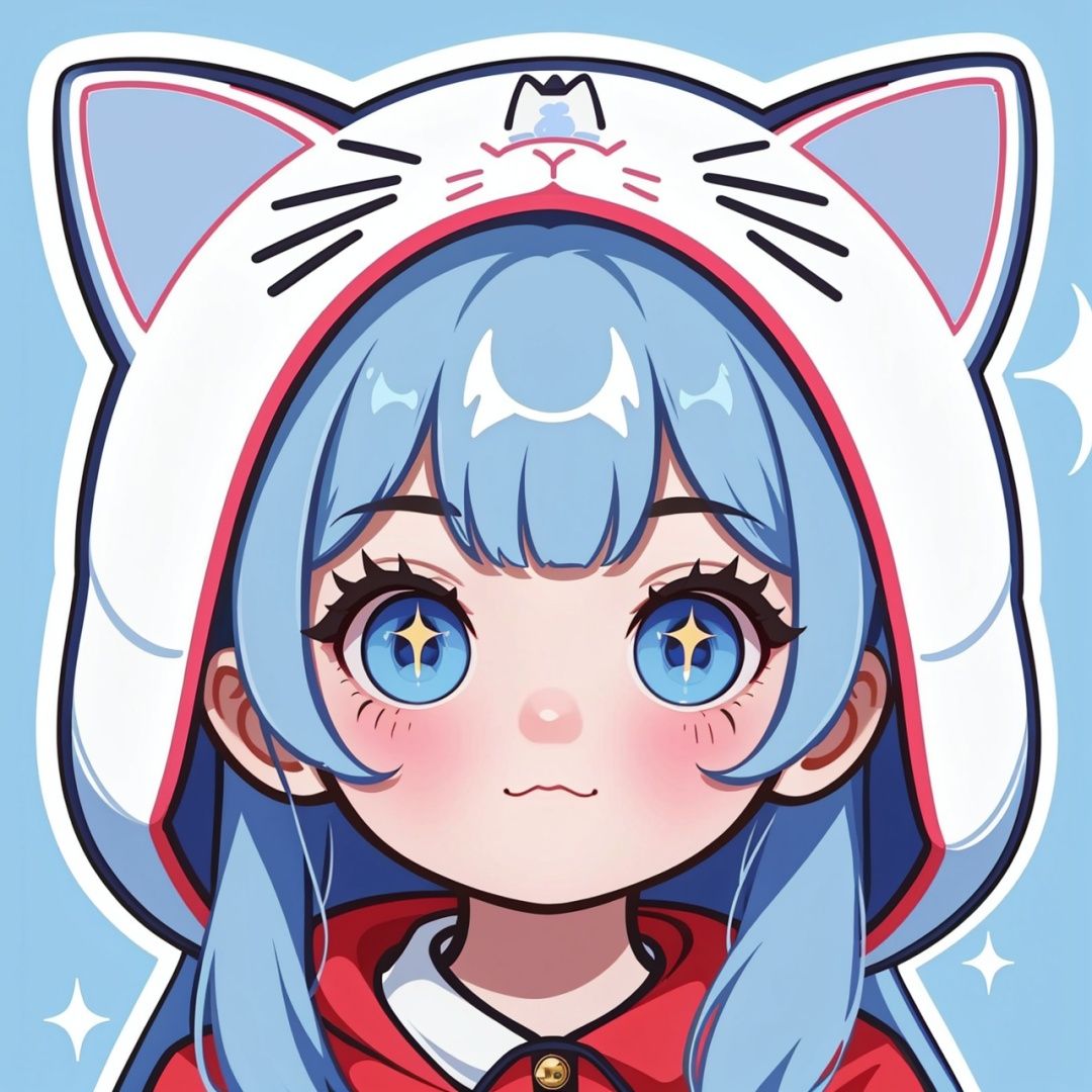 1girl, blue eyes, :3, solo, hood, blue hair, bangs, sparkle, cat ears, animal hood, animal hat, long hair, looking at viewer