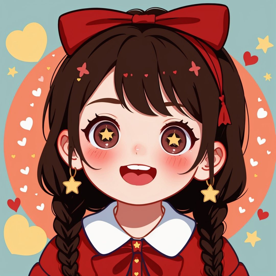 heart, spoken heart, 1girl, solo, brown hair, star \(symbol\), open mouth, red bow, smile, twin braids, looking at viewer, bow, blush