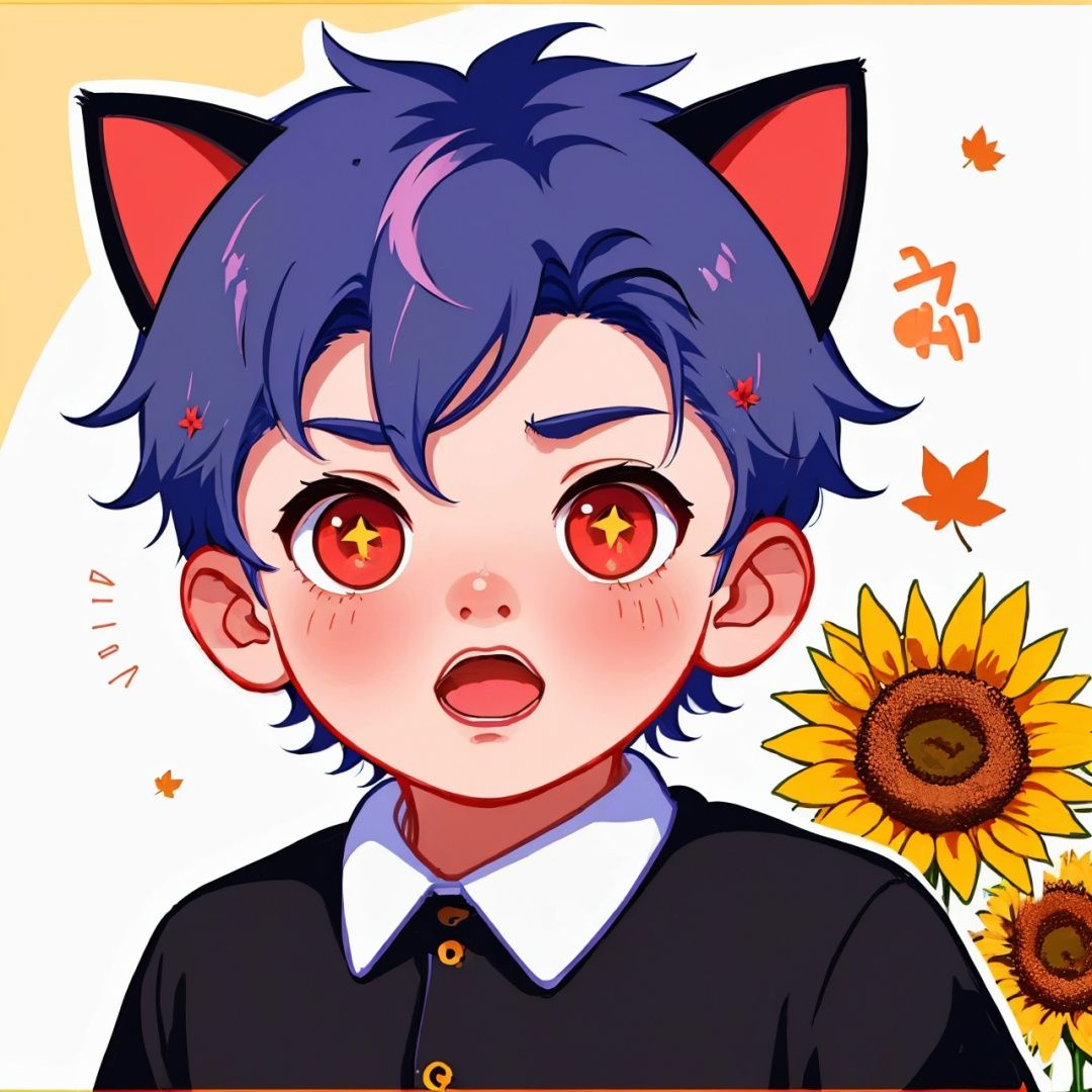  (Color hair: 1.5), Cat ears, (Boys: 1.5), A lovely face, Red eyes, (Open mouth: 1.5), Fear, Surprised, 32k, Emoticon, Maple leaf, Flower, Sunflower, HD