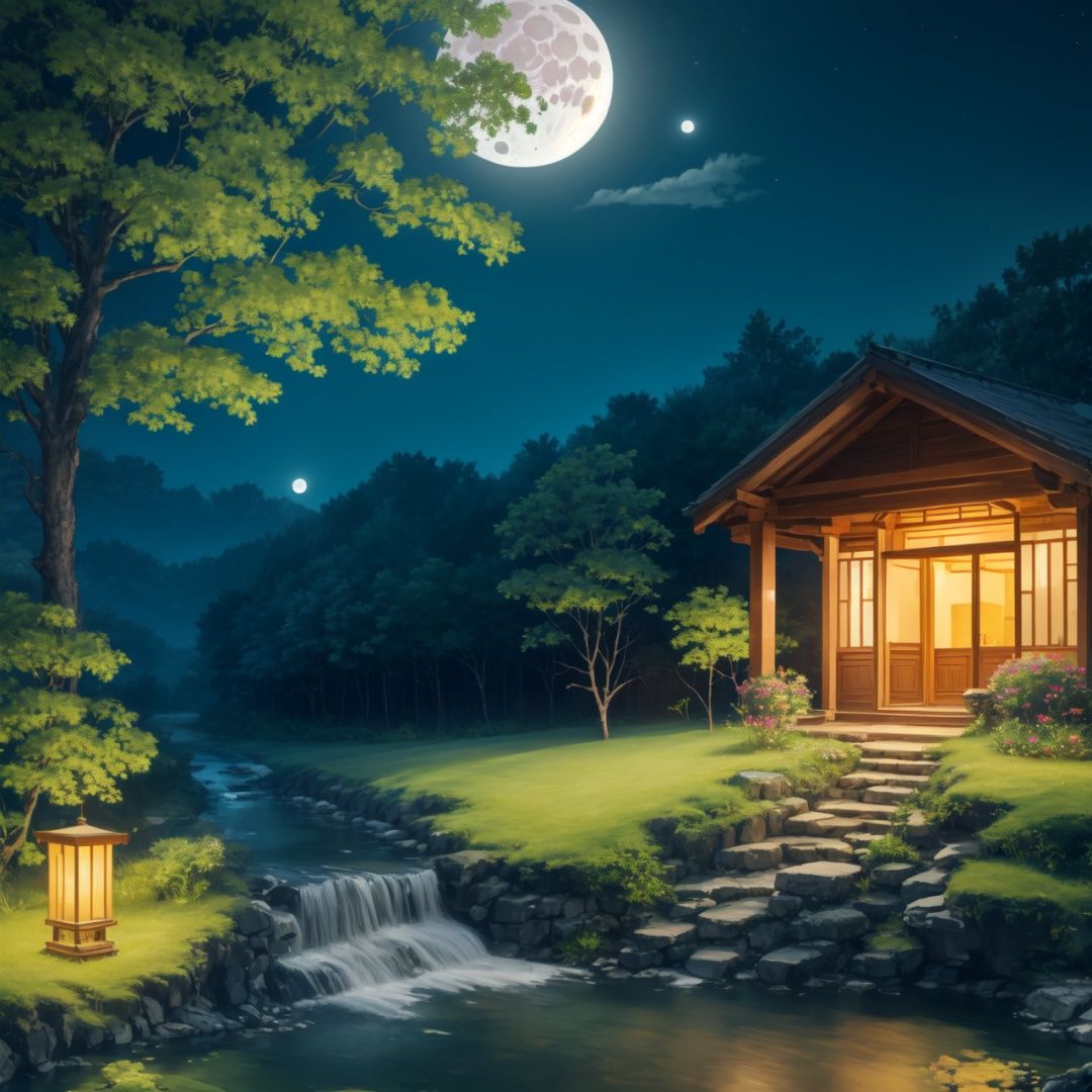  Best quality, 8k, cg,house,stream,moon,outdoors,