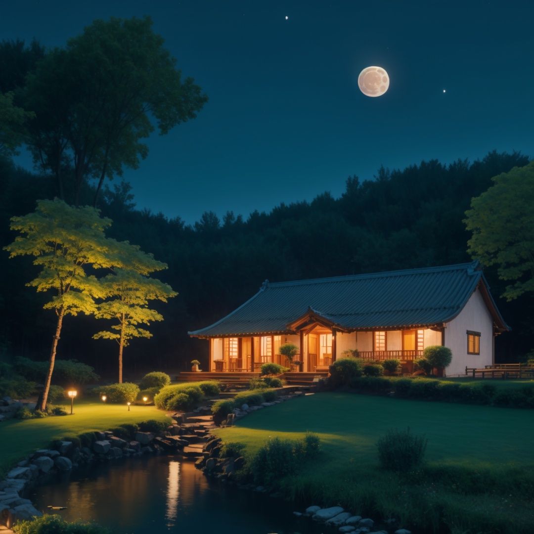  Best quality, 8k, cg,house,stream,moon,outdoors,