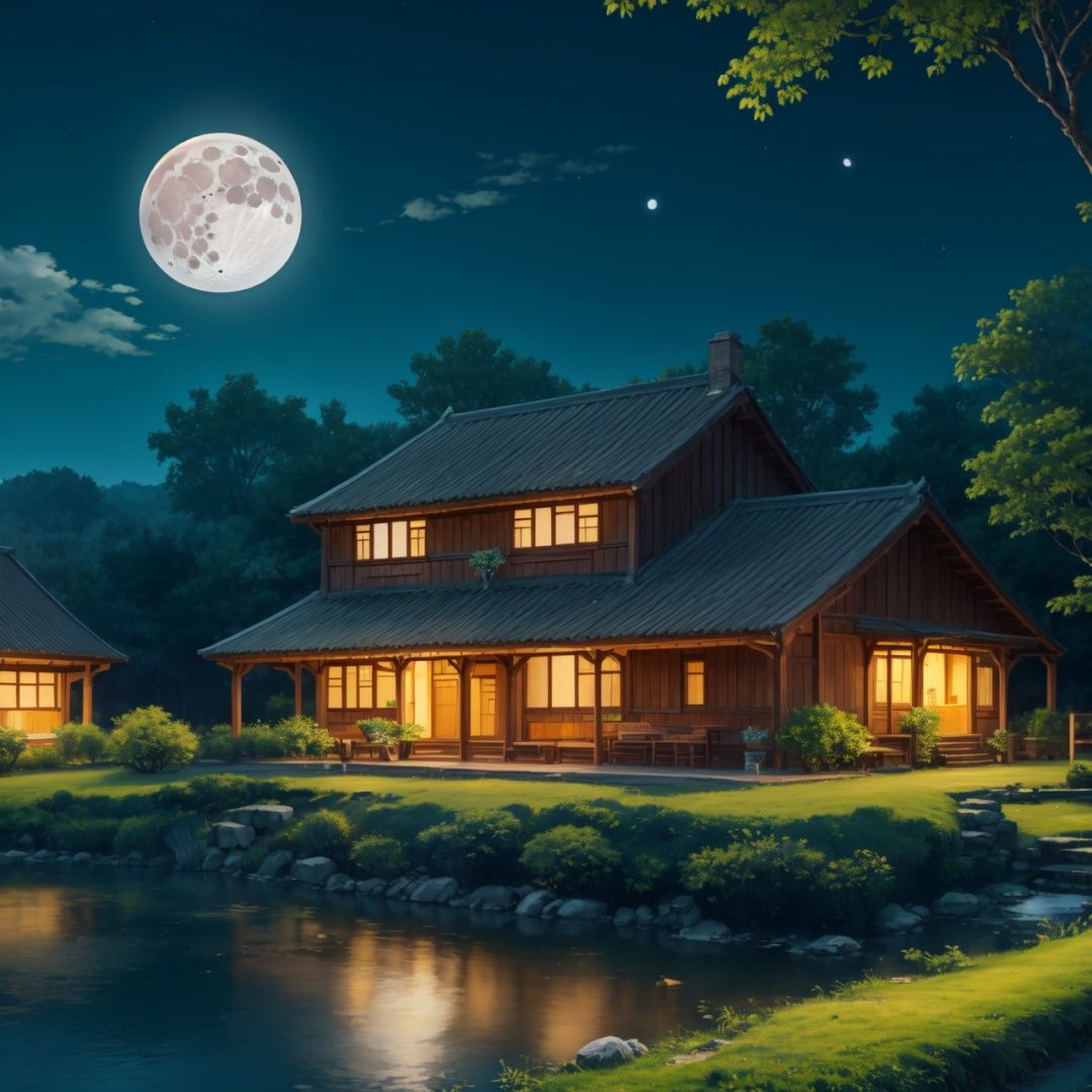 Best quality, 8k, cg,house,stream,moon,outdoors,