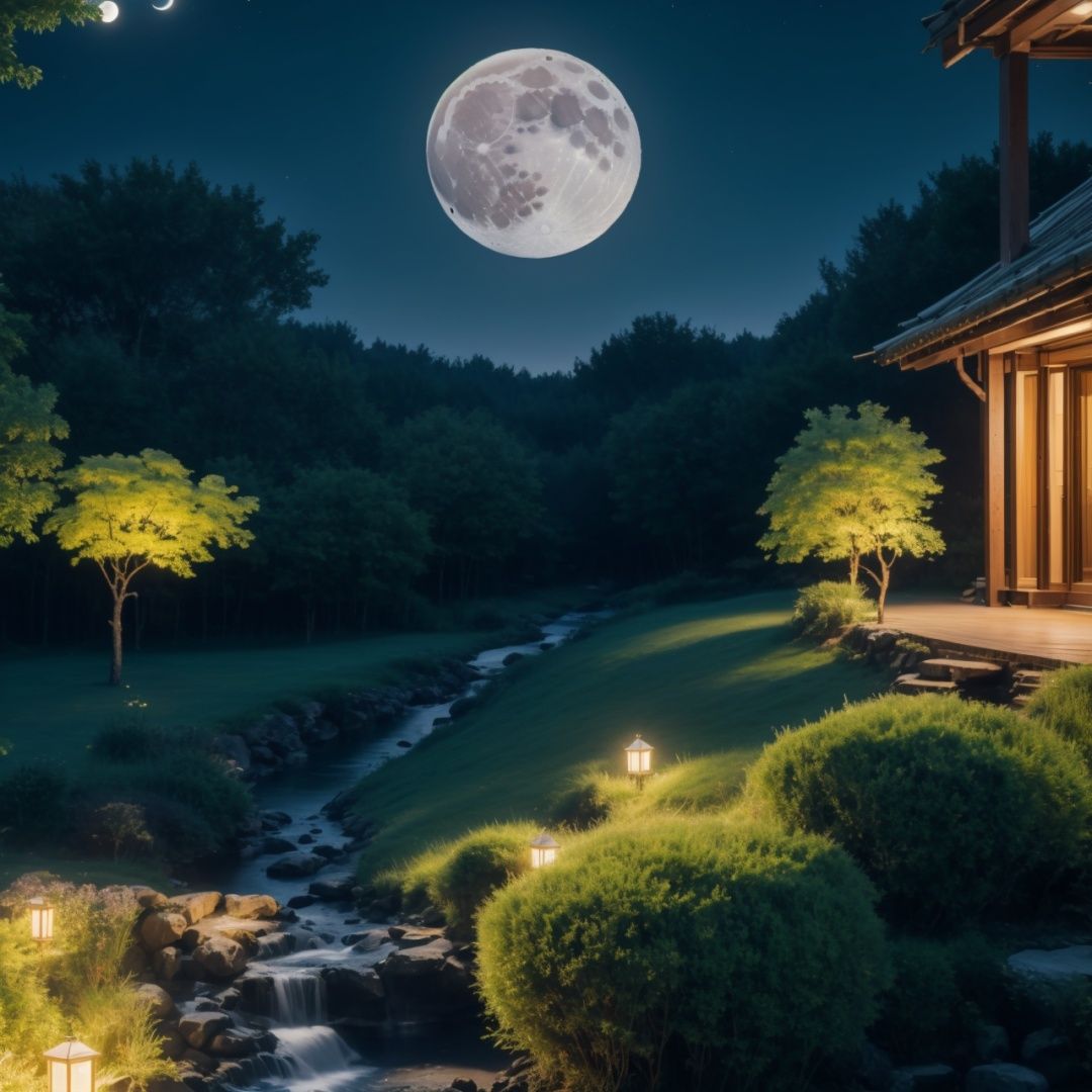  Best quality, 8k, cg,house,stream,moon,outdoors,