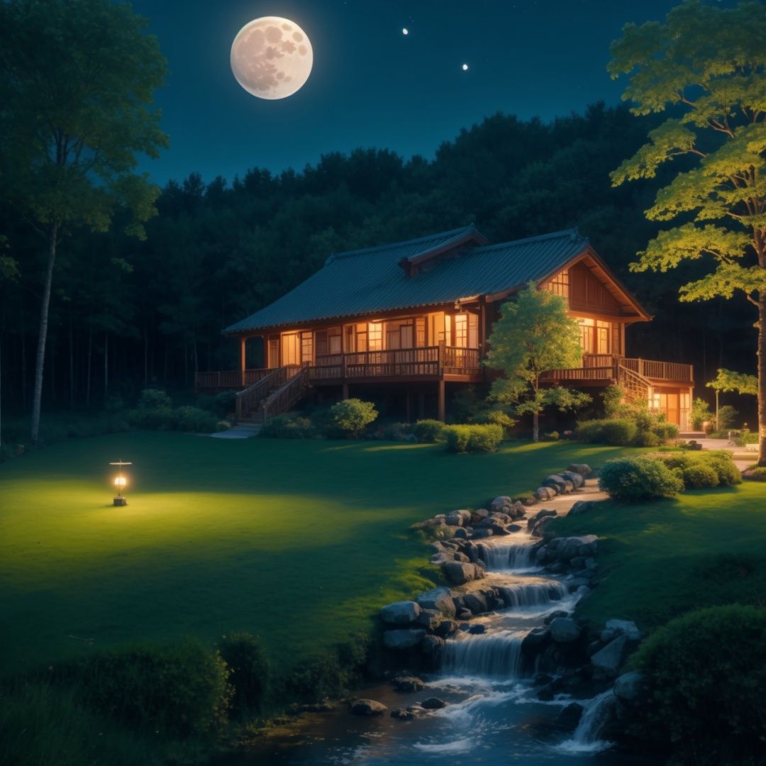  Best quality, 8k, cg,house,stream,moon,outdoors,